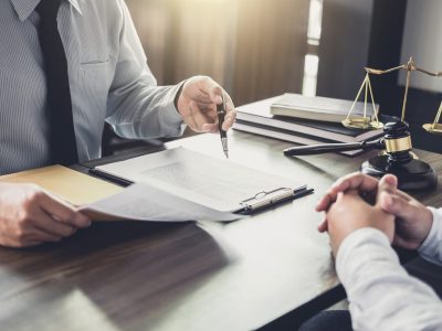 Customer service good cooperation, Consultation between a Businessman and Male lawyer or judge consult having team meeting with client, Law and Legal services concept.
